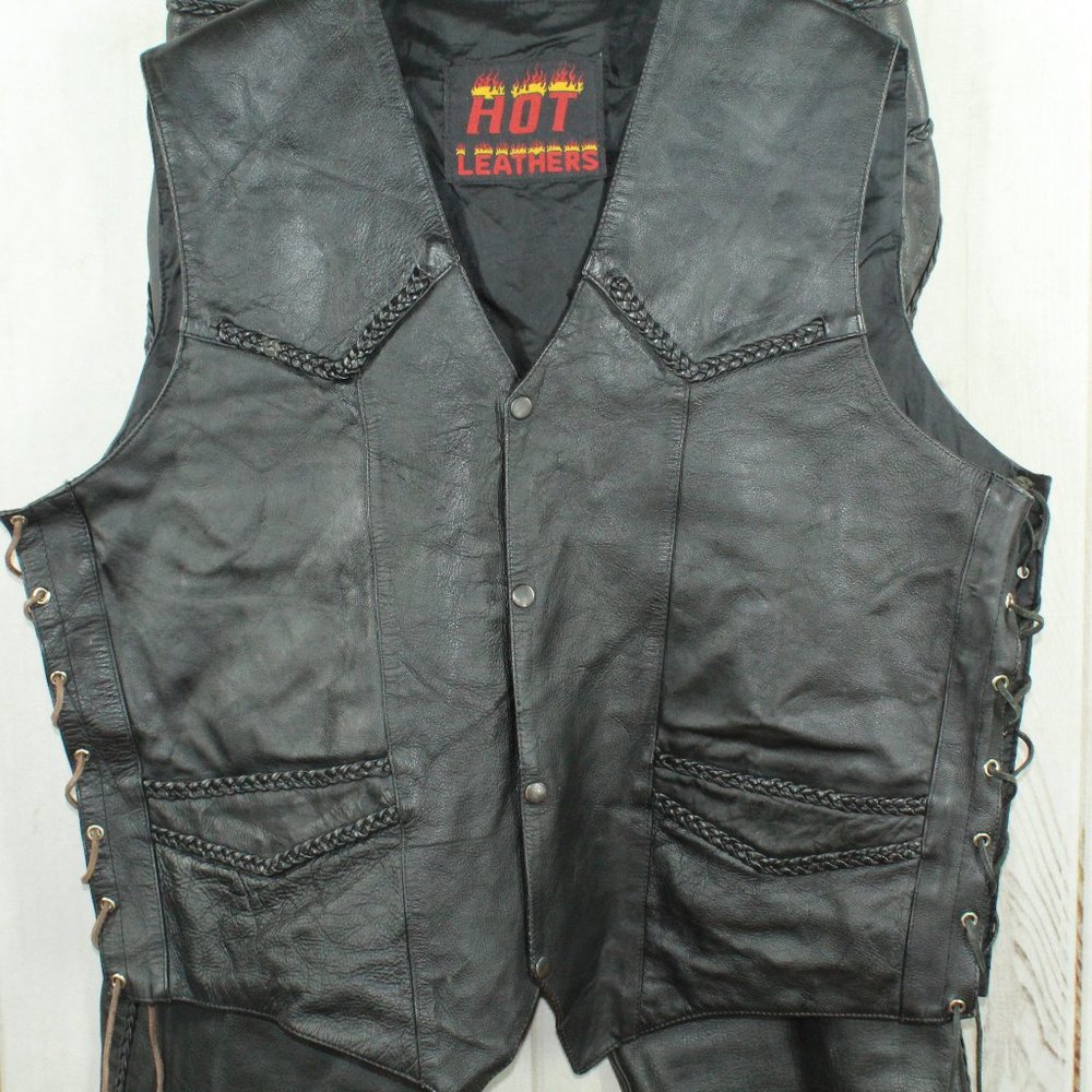 Hot Leathers Black Leather Snaps Soft Lining Braided Trim Biker Vest XXL - Picture 1 of 7